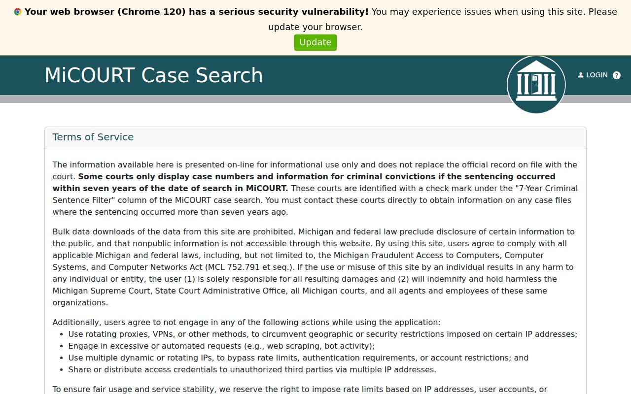 Midland County case lookup official MiCOURT court search page