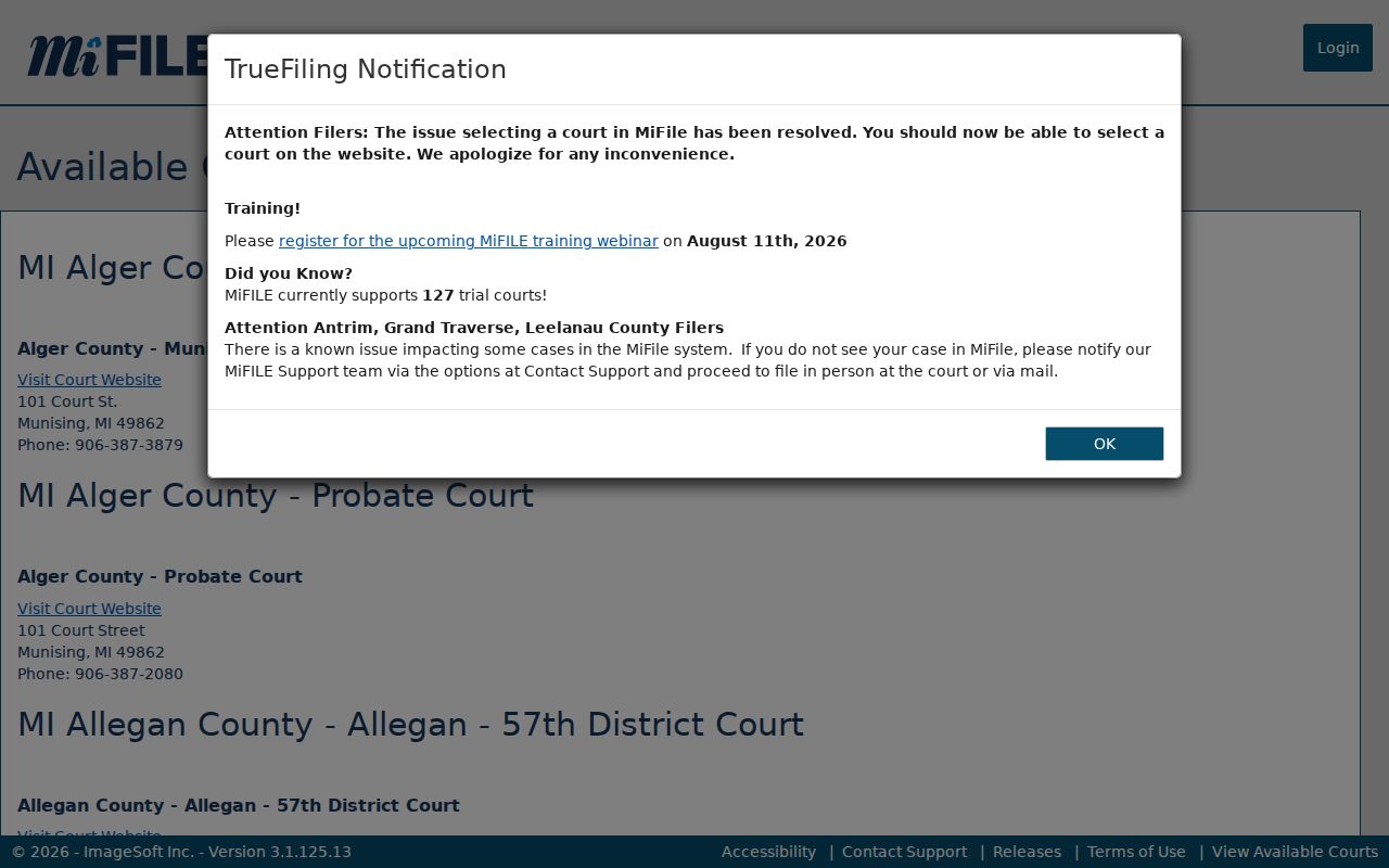 Midland County civil docket MiFILE available courts information