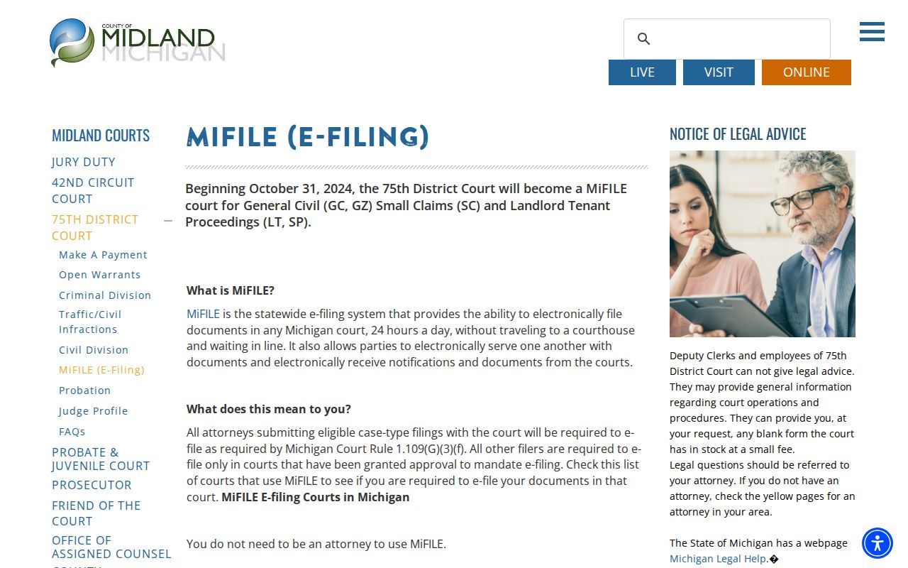 Midland County civil docket MiFILE filing information