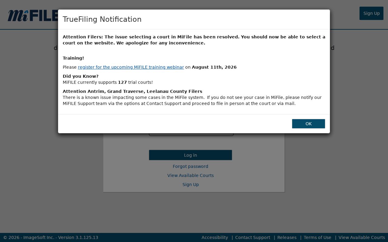 Midland County civil docket MiFILE login portal information