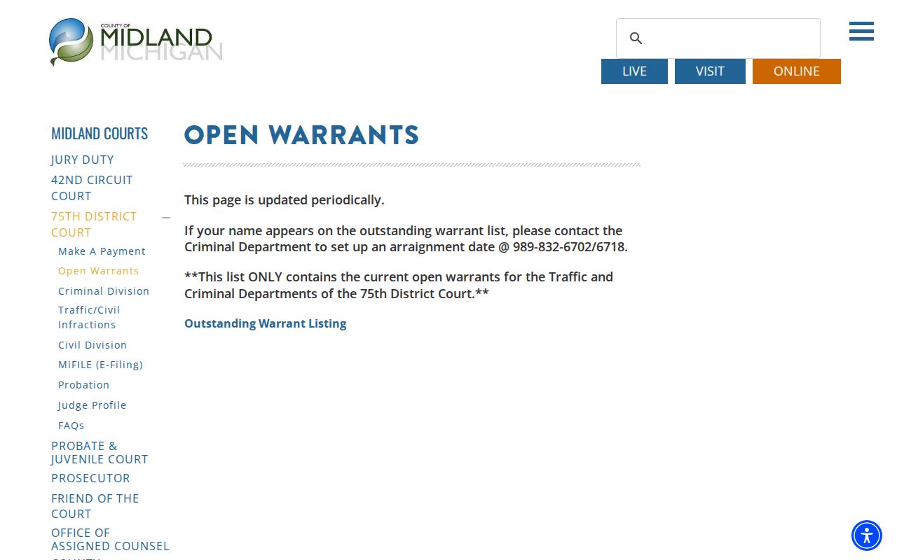 Midland County criminal docket and open warrant information